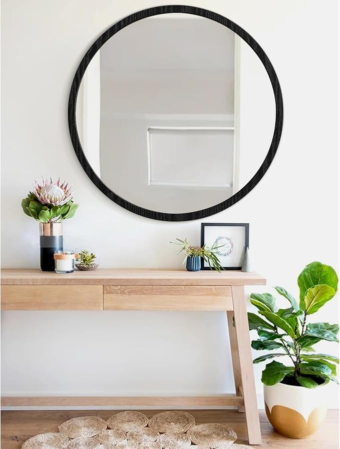 JJUUYOU Large Circle Wall Mirror 24 Inch for Home Decor Round Mirror for Bathroom Black Wall Mounted Wood Frame Mirrors for Living Room Bedroom Washroom Dorm