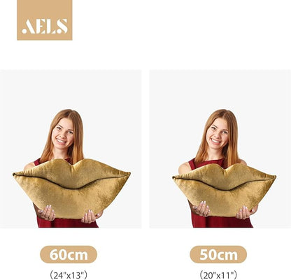 AELS 3D Large Lips Throw Pillows Smooth Soft Velvet Decorative Throw Pillows Love Pillows Cute Pillow Set of 2 for Couch Sofa Bed Living Room Bedroom, Gold