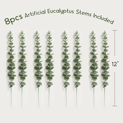 4-Pack Wood Wall Planters with 8 Removable Faux Eucalyptus Stems - Modern Farmhouse Wall Decor for Living Room, Bedroom, Bathroom - Wooden Wall Vases and Fake Eucalyptus for Home Office Decor