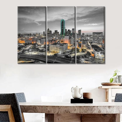 TUMOVO 3 Panel Dallas Texas USA Skyscrapers Landscape Artwork Canvas Wall Art Beautiful City Skyline Posters and Prints Bathroom Decor Wall Art Print on Canvas Framed Ready to Hang (36" Wx24 H)