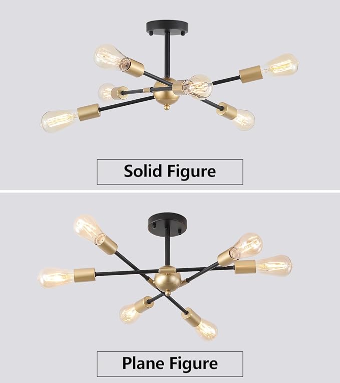 MEIXISUE Modern Semi Flush Mount Ceiling Light Fixture Black and Gold Close to Ceiling Light 6-Light Sputnik Chandelier Light Fixture for Hallway Entryway Bedroom Kitchen Dining Room UL Listed
