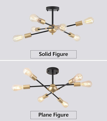 MEIXISUE Modern Semi Flush Mount Ceiling Light Fixture Black and Gold Close to Ceiling Light 6-Light Sputnik Chandelier Light Fixture for Hallway Entryway Bedroom Kitchen Dining Room UL Listed
