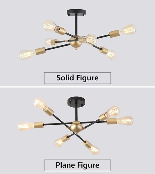 MEIXISUE Modern Semi Flush Mount Ceiling Light Fixture Black and Gold Close to Ceiling Light 6-Light Sputnik Chandelier Light Fixture for Hallway Entryway Bedroom Kitchen Dining Room UL Listed