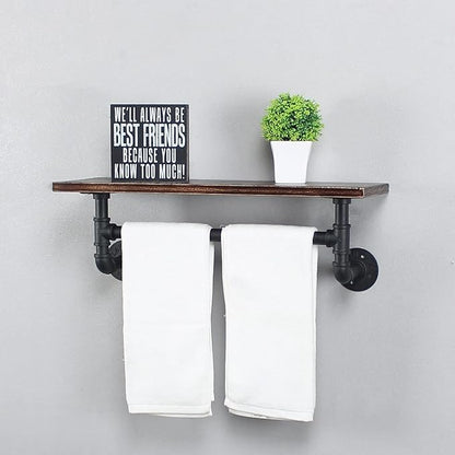 MBQQ Retro Black Shelving Bathroom Pipe Shelves with Towel Bar Over Toilet, 24 inch Pine Wood Floating Shelves for Wall Mounted Bedroom,Kitchen, Farmhouse, Living Room