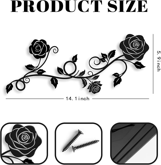 Pinetree Art 2 Pieces Metal Flower Wall Art Modern Vintage Rose Floral Branch Wall Decor for Living Room Hallway Bathroom (Black)