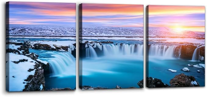 Pacimo 3 Pieces Canvas Wall Art Tropical Waterfall Pastel Sunset Horizon Pictures Prints Nature Landscape Modern Artwork for Walls Painting Home Office Wall Decor Framed Ready to Hang - 12"x16"x3
