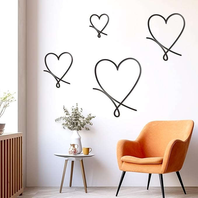 KOYILTD 4 Pcs Metal Heart Wall Art for Bedroom Modern Love Heart Wall Decor Metal Wall Decoration above Bed for Living Room Bathroom Office Wedding (Black, Romantic)