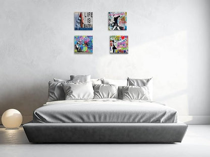 Biufo Banksy Canvas Wall Art Prints Pop Street Art Picture Paintings for Living Room Bedroom Wall Decor (16"x16"x4Pcs)