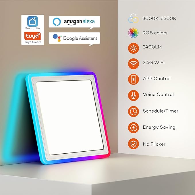 Annaror Smart LED Ceiling Light WiFi, 13in RGB Flush Mount Lighting Fixture with Remote, Compatible with Alexa Google Home, Low Profile Ceiling Light for Bedroom, Kitchen, Square White
