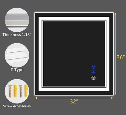 36"x32" LED Bathroom Mirror with Anti-Fog, Stepless Dimmable Lights, 3 Color Modes, Shatter-Proof Tempered Glass,Waterproof Design