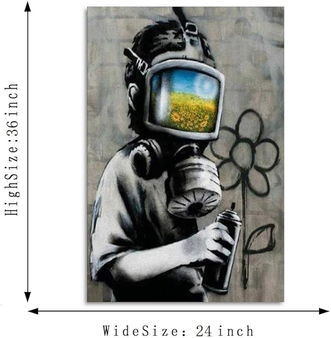Yatsen Bridge Banksy Wall Art, Boy Wearing a Gas Mask Canvas Picture Art Print, Modern Home Decor for Living Room Bedroom Pop Framed Artwork Ready to Hang - 24x36 inch