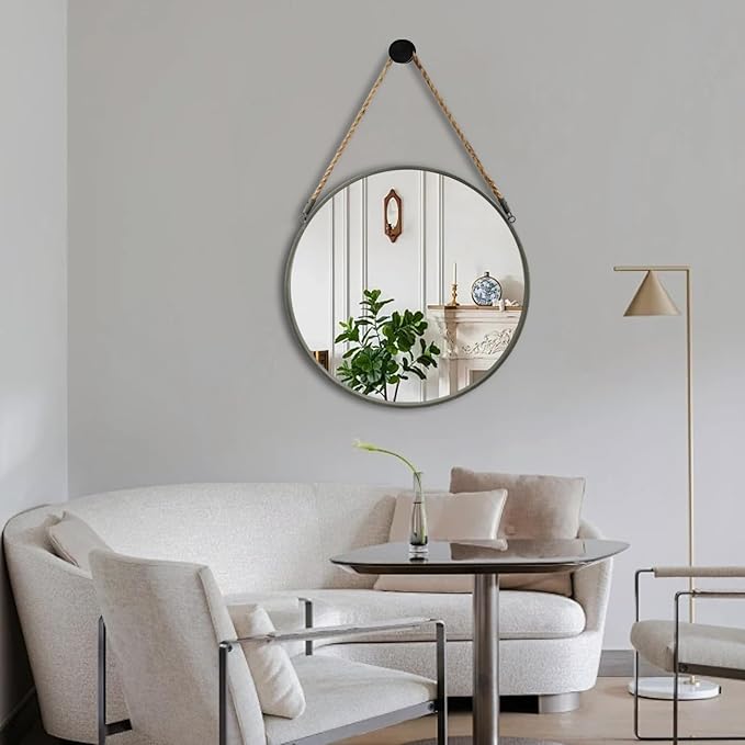 POZINO Round Hanging Mirror, Circle Wall Mirror with Rope, 20 Inch Farmhouse Mirrors for Bathroom Bedroom Living Room Entryway Home Decor, Grey