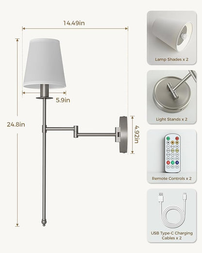 Joosenhouse Battery Operated Wall Sconces Set of 2, 24.8 Inch Brushed Nickel Wireless Dimmable Wall Lamp with Remote Control, Easy Install Wireless Lighting for Bedroom, Living Room, Hallway