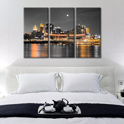 TUMOVO 3 Panel Cincinnati Ohio City Skyline Canvas Wall Art American Skyscrapers Cityscape Pictures Posters and Prints Wall Decor for Bedroom House Decor Framed Ready to Hang (36" Wx24 H)