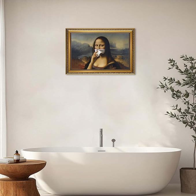 YD&YZY Gold Framed Funny Bathroom Wall Art Mona Lisa Humor Amusing Toilet Art Pinching Nose Wall Decor Vintage Unique Art Painting Picture Print Whimsical Artwork Bathroom Restroom 16x24 inch Framed