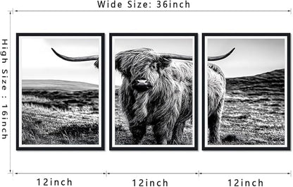 Black White Highland Cow Canvas Wall Art Vintage Hairy Cow Poster Rustic Farmhouse Animal Framed Wall Decor for Kitchen Living Room Bedroom Country House Decor Easy to Hand 12x16inchx3pcs