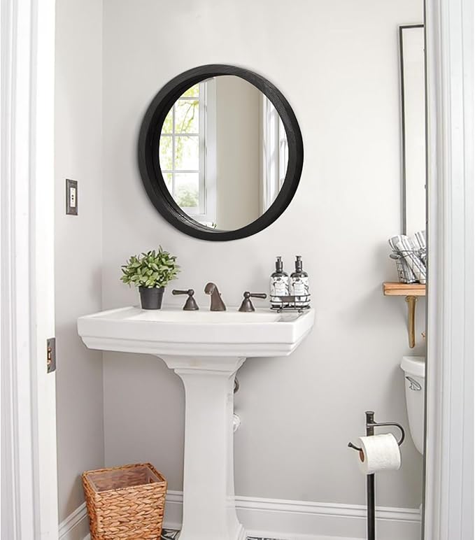 JJUUYOU Circular Wall Mirror Round Mirror for Bathroom Black Small Circle Wall Mounted Mirror for Decor Wood Framed Make up Mirror for Farmhouse Living Room Bedroom 16Inch