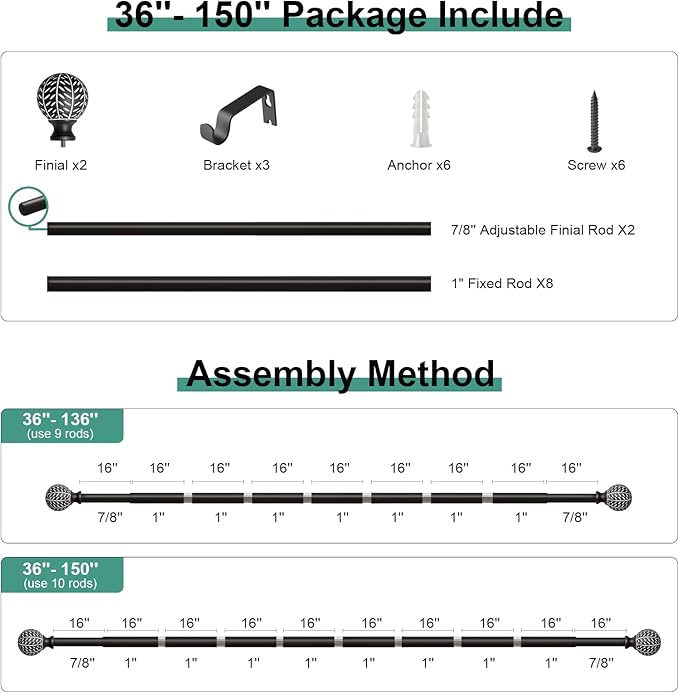 QDWIS Black Curtain Rods for Windows 72 to 144 Inch,1'' Diameter Drapery Rods with Leaf Pattern Finials,Decorative Adjustable Heavy Duty Curtain Rods Set,36-150''