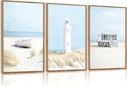 Aurlan Blue Coastal Beachy Seascape Framed Wall Art(16"x24"), 3PCS Neutral Modern Nautical Ocean Landscape Canvas Artwork, Large Minimalist Pampas Grass Sailboat Lighthouse Seagull Cabin Decor for Bedroom Living Room