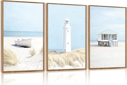 Aurlan Blue Coastal Beachy Seascape Framed Wall Art(16"x24"), 3PCS Neutral Modern Nautical Ocean Landscape Canvas Artwork, Large Minimalist Pampas Grass Sailboat Lighthouse Seagull Cabin Decor for Bedroom Living Room