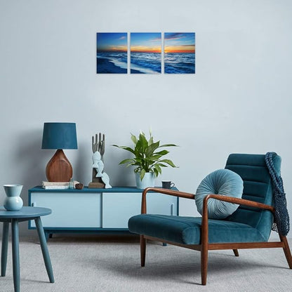 TutuBeer 3 Panels Beach Pictures Wall Art Beach Canvas Wall Art Blue Ocean at Sunrise Picture Print on Canvas Sea Artwork for Walls Seascape Pictures for Home Decor Ready to Hang 16x32inchx3