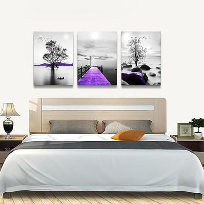 Modern Black And White Canvas Wall Art - Large Size Decor For Living Room And Bedroom - Purple Scenery Artwork Prints - Dormitory Decor