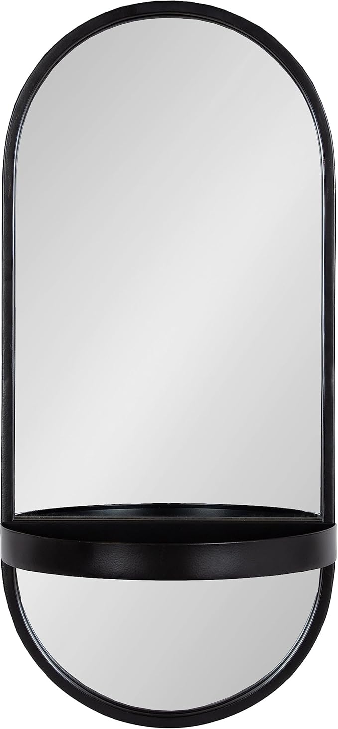 Kate and Laurel Estero Modern Metal Oval Mirror with Rounded Shelf; 11 x 25; Black; Decorative Contemporary Capsule Shelf Mirror for Storage and Display