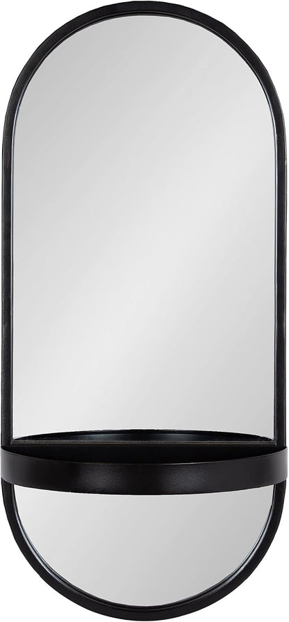 Kate and Laurel Estero Modern Metal Oval Mirror with Rounded Shelf; 11 x 25; Black; Decorative Contemporary Capsule Shelf Mirror for Storage and Display