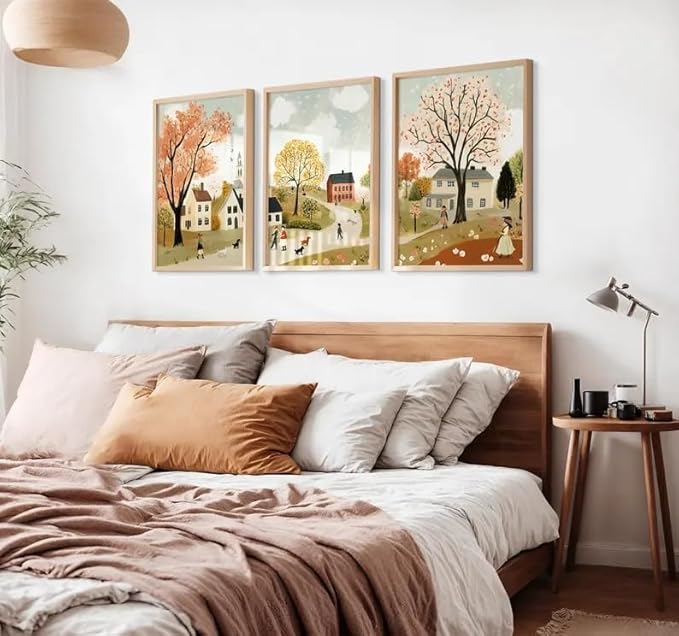 Autumn Wall Art Set of 3 Boho Vintage Cozy Rustic Autumn Tree Small Town Scene Walking Figure Dog Warm Tone Home Living Room Bedroom Nature-Themed Stylish Interior Decor Accent 12x16 Inch Unframed