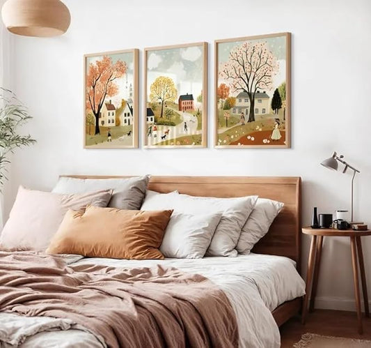Autumn Wall Art Set of 3 Boho Vintage Cozy Rustic Autumn Tree Small Town Scene Walking Figure Dog Warm Tone Home Living Room Bedroom Nature-Themed Stylish Interior Decor Accent 12x16 Inch Unframed
