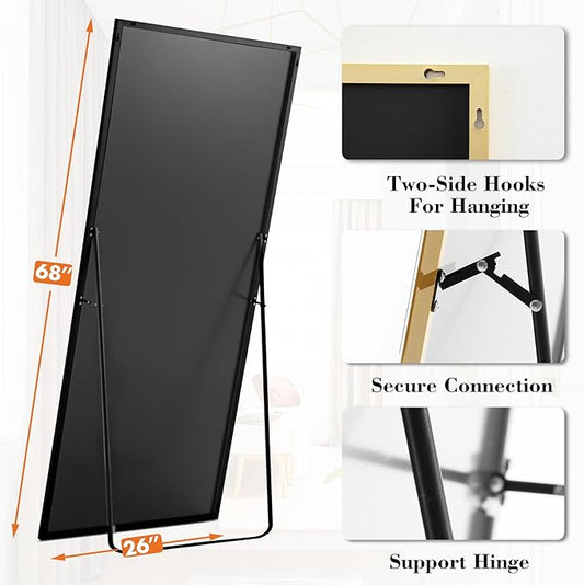 Sweetcrispy 68"x26" Full Length Mirror, Full Body Mirror with Aluminum Alloy Thin Frame, Leaning or Standing, Suitable for Bedroom, Livingroom, Cloakroom, Gold