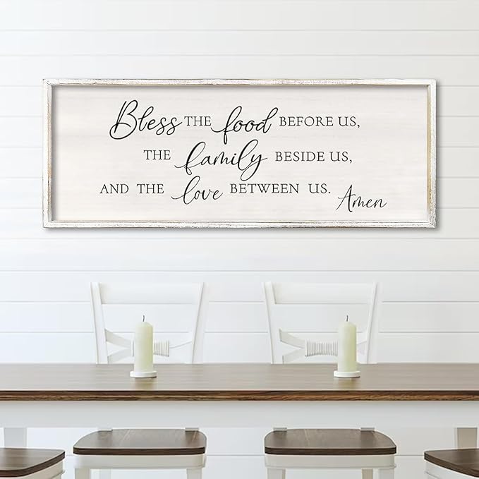 Bless the Food Before Us Wall Decor Sign 40" X 15" Dining Room Wall Decor Framed Wood for Large Farmhouse Vintage Prayer Catholic Kitchen Wall Hanging Scripture Bible Verse Art (White)