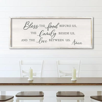 Bless the Food Before Us Wall Decor Sign 40" X 15" Dining Room Wall Decor Framed Wood for Large Farmhouse Vintage Prayer Catholic Kitchen Wall Hanging Scripture Bible Verse Art (White)