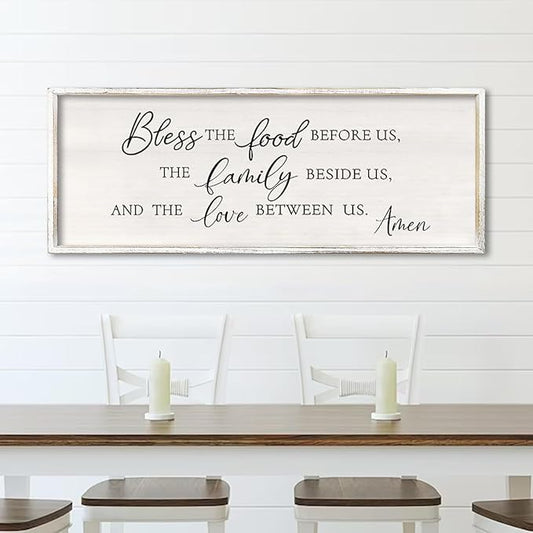 Bless the Food Before Us Wall Decor Sign 32" X 12" Dining Room Wall Decor Framed Wood for Large Farmhouse Vintage Prayer Catholic Kitchen Wall Hanging Scripture Bible Verse Art (White)