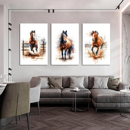 Horses Wall Art 3 Panels Watercolor Animals Pictures Prints Artwork Running Horses Posters Wall Decor Living Room Bedroom Home Office Decor, Framed 24" W x 36" H x 3pcs