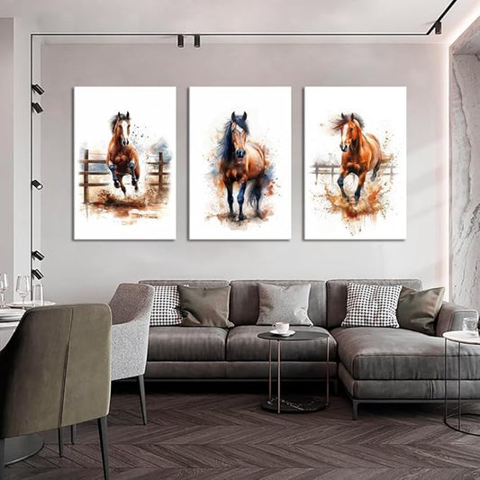 Horses Wall Art 3 Panels Watercolor Animals Pictures Prints Artwork Running Horses Posters Wall Decor Living Room Bedroom Home Office Decor, Framed 24" W x 36" H x 3pcs