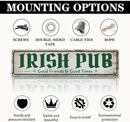 Rustic Bar Decor Metal Wall Sign, “Irish Pub – Good Friends & Good Times” Vintage Tin for Wet Bar, Lounge, Kitchen or Entryway, Weather-Resistant, 15.8 x 4 Inch