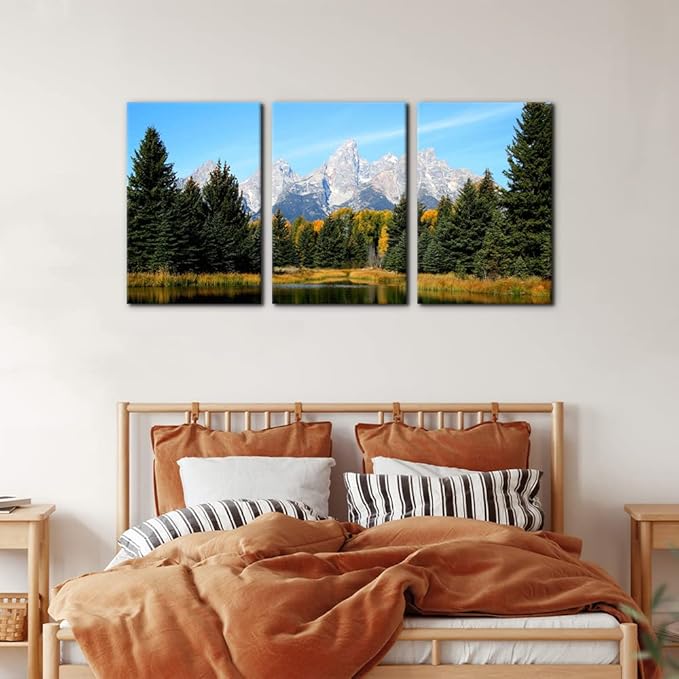 Pacimo 3 Pieces Canvas Art Wall Decor Grand Teton National Park Pictures Natural Landscape Painting Pond Prints on Canvas Modern Artwork Stretched and Framed Ready to Hang - 16"x24"x3 Panels