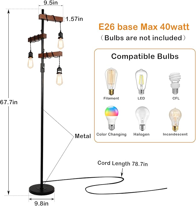 Industrial Floor Lamp, Farmhouse Tree 68 Inch 3 Lights Wood Standing Lamp, Sturdy Base Tall Vintage Metal Black Pole Light for Living Room Bedroom Office Rustic Home
