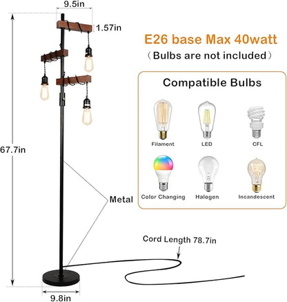 Industrial Floor Lamp, Farmhouse Tree 68 Inch 3 Lights Wood Standing Lamp, Sturdy Base Tall Vintage Metal Black Pole Light for Living Room Bedroom Office Rustic Home