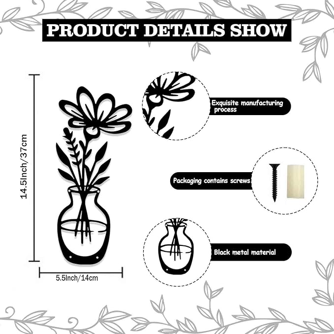 BFORXRO 3 Pieces Metal Flowers Wall Art Decor,Modern Farmhouse Black Wall Decor for New Home Bathroom Kitchen Living Room Bedroom Decoration Vase With Flowers
