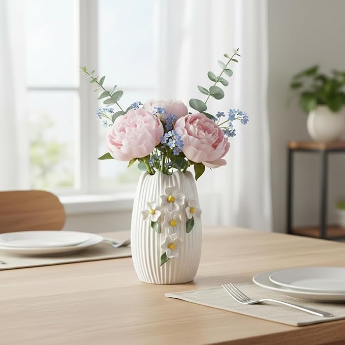 White Ceramic Vase - Modern Decorative Vase for Living Room, 3D Minimalist Flower Vases Home Decor, Centerpiece, Bathroom, Shelf, Table Decor, 7 Inch