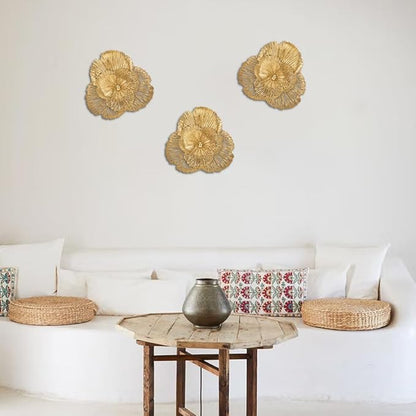 DILATATA 3 Pcs Metal Flower Wall Art Set 10 Inch Rustic Modern Floral Sculpture 3D Metal Flower Wall Hanging Accent for Indoor Living Room Bedroom Kitchen Bathroom Garden Patio Decor - Gold