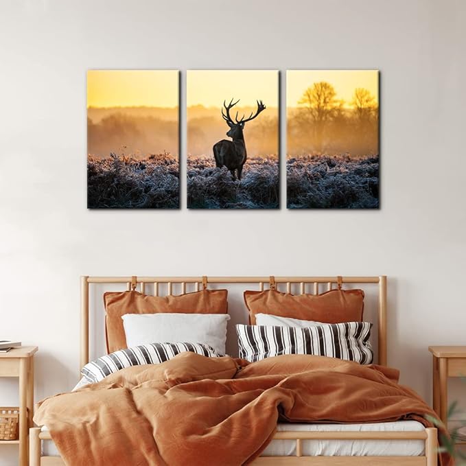 Pacimo Canvas Print Wall Art 3 Pieces Set Deer in Golden Light at Dawn Nature Wilderness Photography Realism Rustic Scenic Relax/Calm Multicolor for Living Room Bedroom Office Decor - 16"x24"x3 Panels