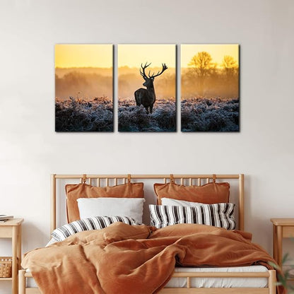 Pacimo Canvas Print Wall Art 3 Pieces Set Deer in Golden Light at Dawn Nature Wilderness Photography Realism Rustic Scenic Relax/Calm Multicolor for Living Room Bedroom Office Decor - 16"x24"x3 Panels