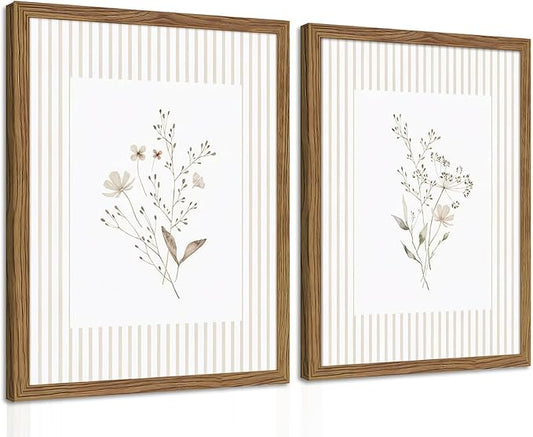 Neutral Wildflower Wall Art Set of 2, Vintage Flower Botanical Wall Decor Painting, Rustic Cottagecore Striped Floral Prints Pictures for Living Room Bedroom 16x24 Inch Framed