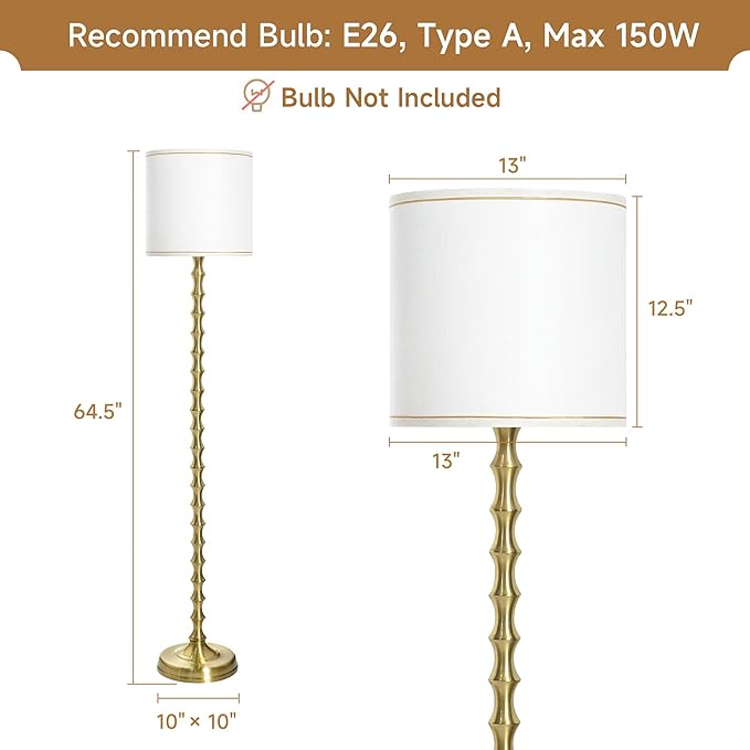 EUO 64.5'' Gold Floor Lamp, Modern Mid-Century Tall Standing Lamp with White Linen Lampshade, Decorative Lighting for Living Room, Bedroom, Office, Dining Room, Corner