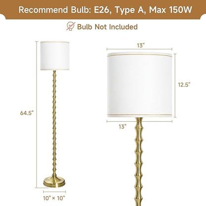 EUO 64.5'' Gold Floor Lamp, Modern Mid-Century Tall Standing Lamp with White Linen Lampshade, Decorative Lighting for Living Room, Bedroom, Office, Dining Room, Corner