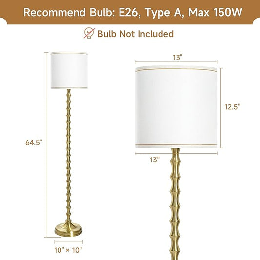 EUO 64.5'' Gold Floor Lamp, Modern Mid-Century Tall Standing Lamp with White Linen Lampshade, Decorative Lighting for Living Room, Bedroom, Office, Dining Room, Corner