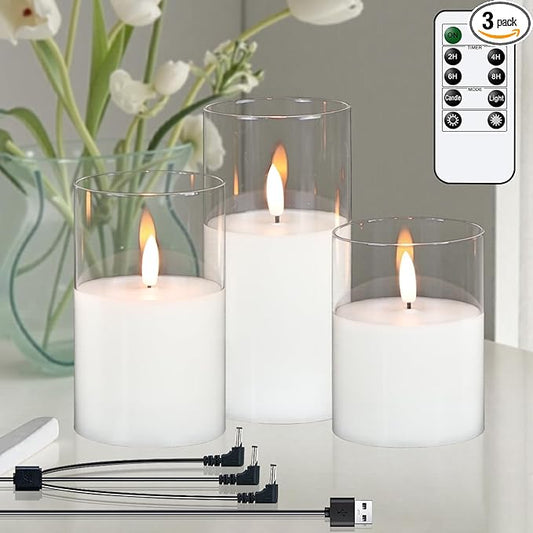GenSwin Rechargeable Flameless Candles with Remote Timer, Clear LED Battery Operated Candles with Flickering Flame, Glass and Real Wax Pillar Candle Holiday Home Decor(Set of 3, D3”xH4”5”6”)